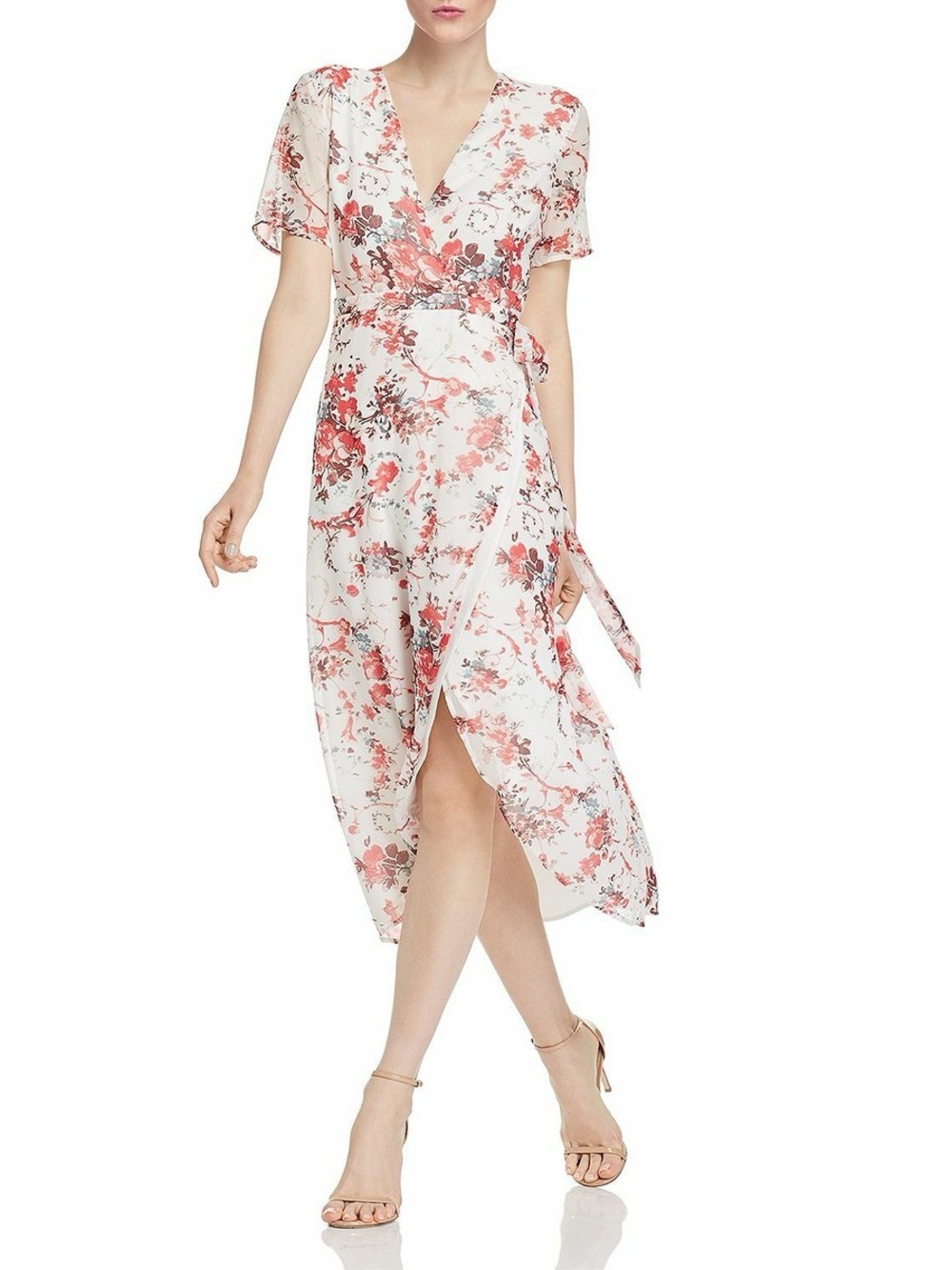 Bardot White Midi Wrap Dress with Coral Floral Print